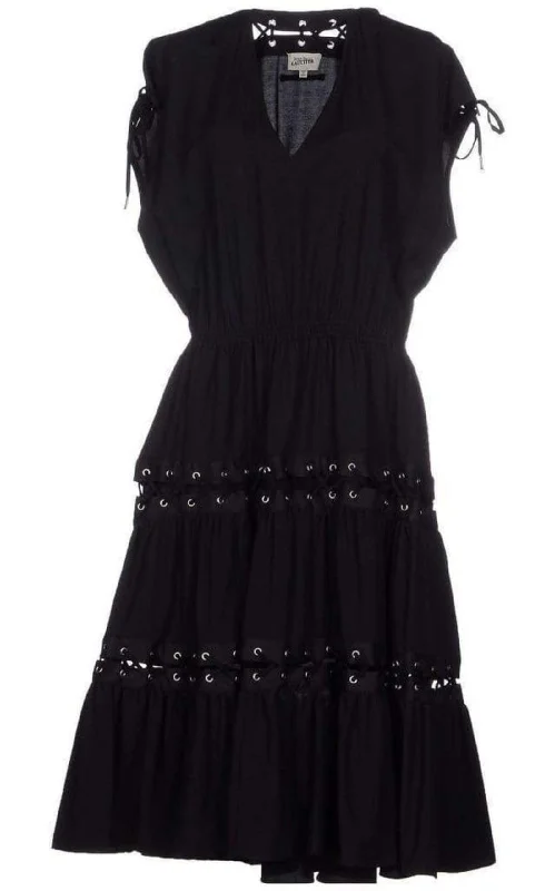 Lace Up Panel Black Cotton Dress