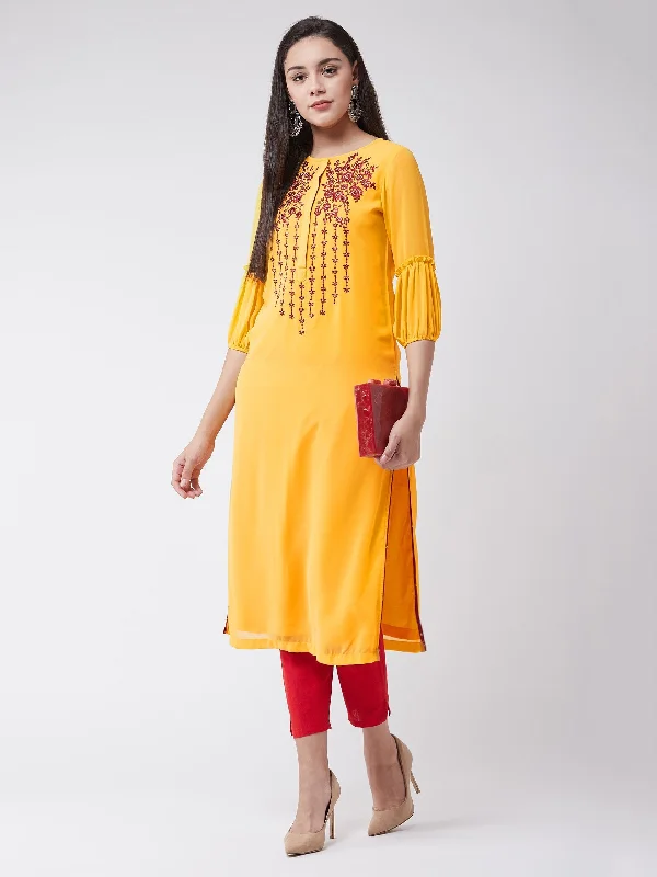 Women's Yellow Embroidered Straight Fit Kurta - Pannkh