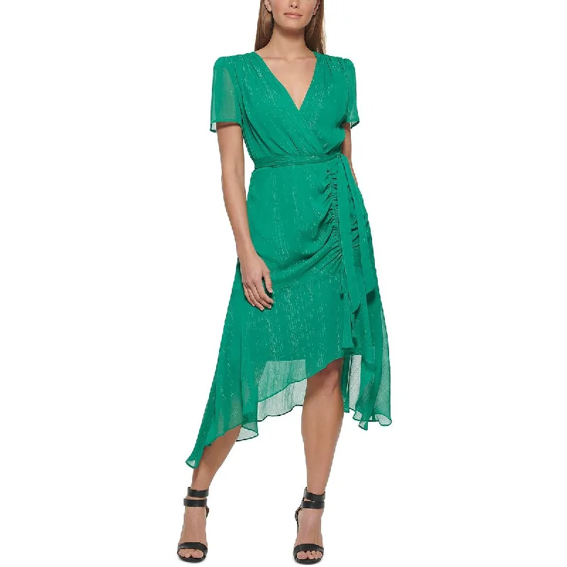 DKNY Womens Chiffon Ruched Midi Dress