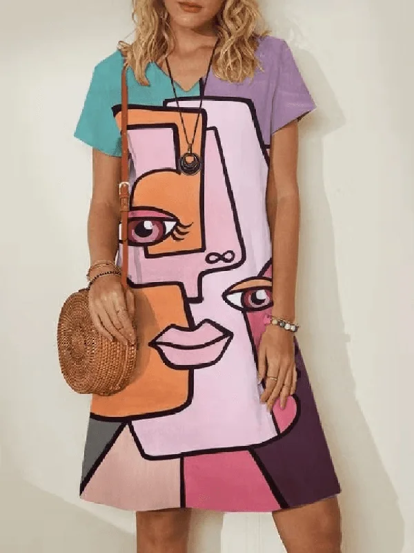 Colorful Abstract Figure Print V-Neck Casual Short Sleeve Midi Dresses for Women