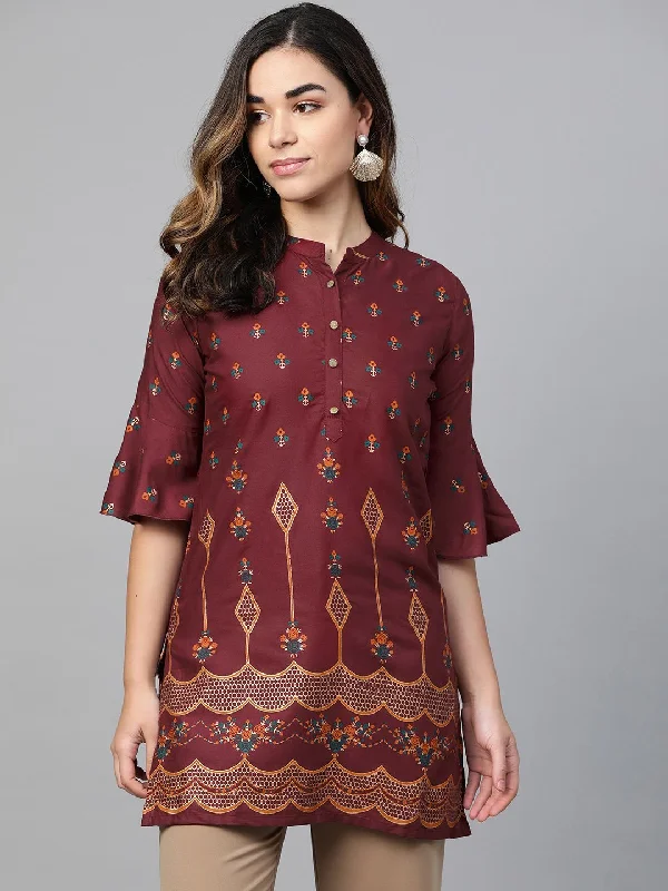 Women's Maroon & Golden Printed Straight Kurti - Anubhutee