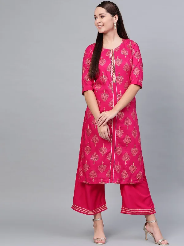 Women Pink Cotton Printed Kurta Palazzo Set by Myshka (2 Pc Set)