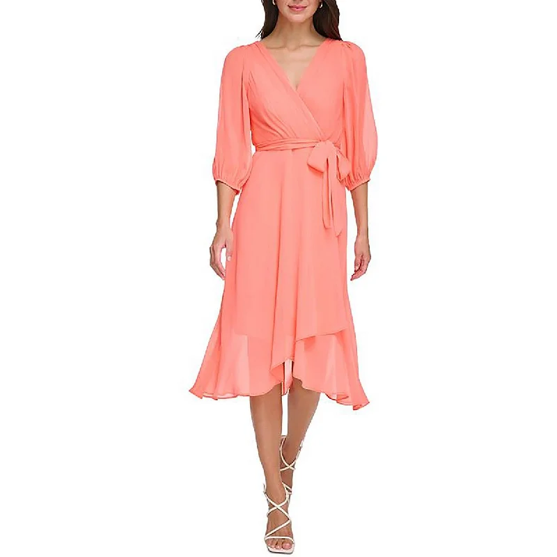 DKNY Womens Chiffon Surplice Midi Dress