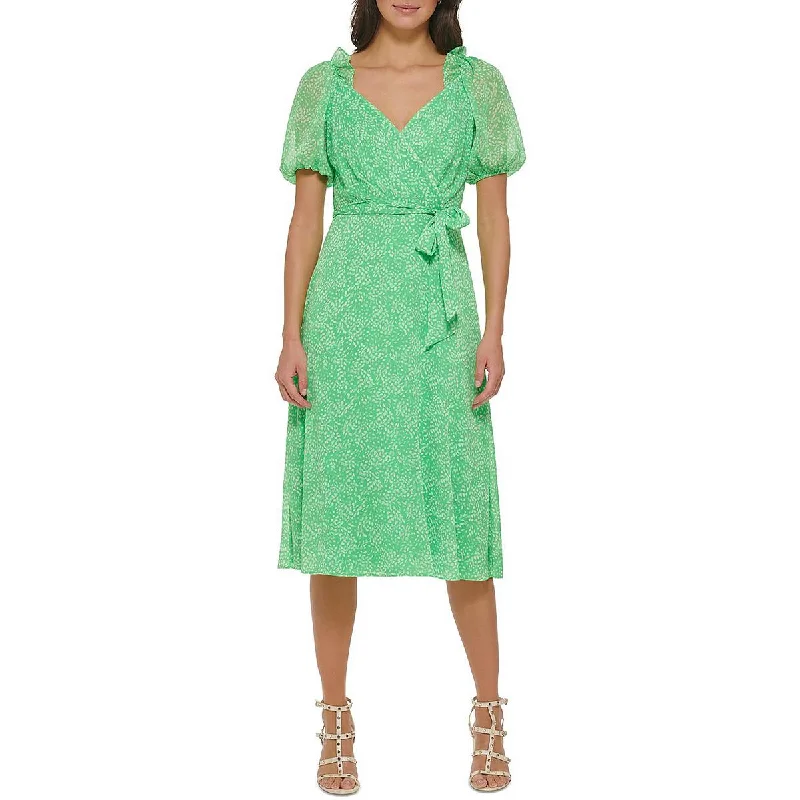 DKNY Womens Chiffon Puff Sleeve Midi Dress