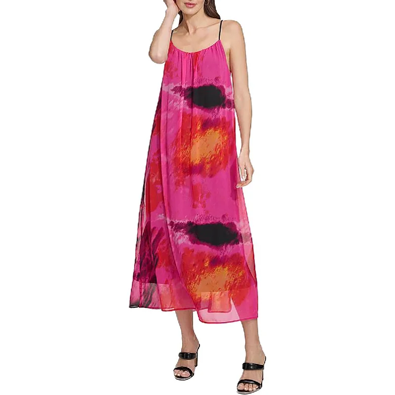 DKNY Womens Chiffon Printed Midi Dress