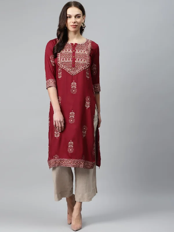 Women's Maroon Printed Yoke Embroidered Kurta - Anubhutee