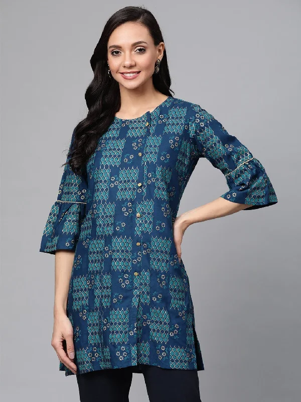 Women's Blue & Golden Printed Straight Kurti - Anubhutee