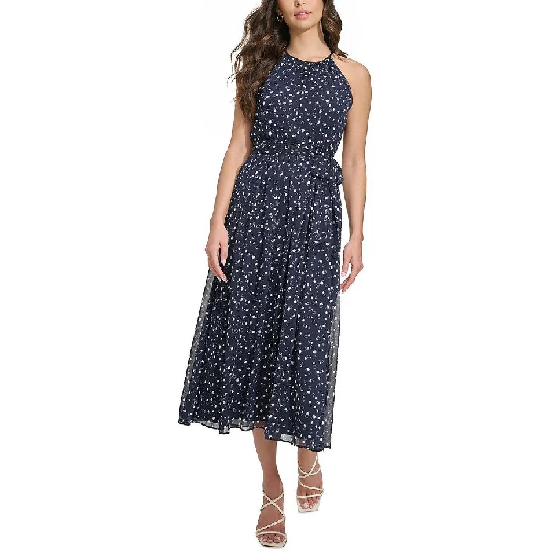 DKNY Womens Dots Chiffon Midi Dress