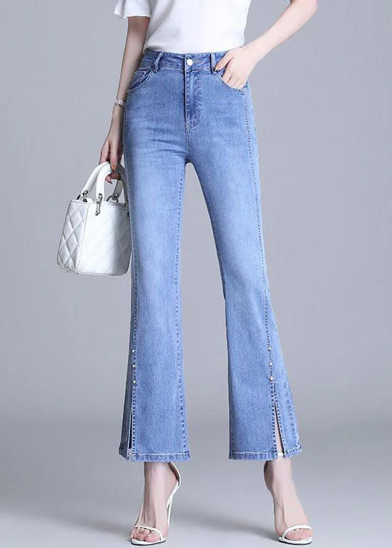 Fashion Light Blue High Waist Slim Pockets Side Open Cotton Denim Flare Pants Summer