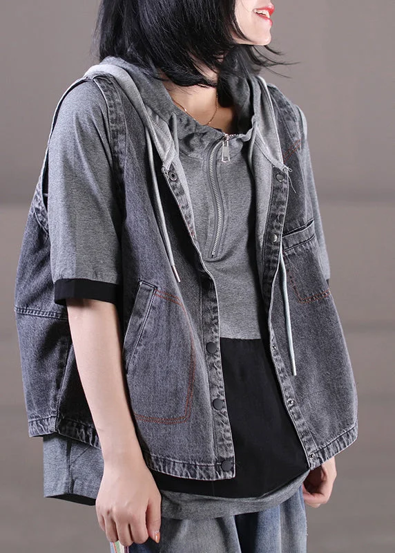 Loose Grey Knit Patchwork Drawstring Button Hooded Denim Waistcoatcoat Sleeveless