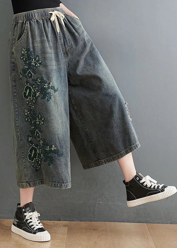 Vintage Blue Elastic Waist Drawstring Embroideried Pockets Cotton Denim Crop Pants Summer