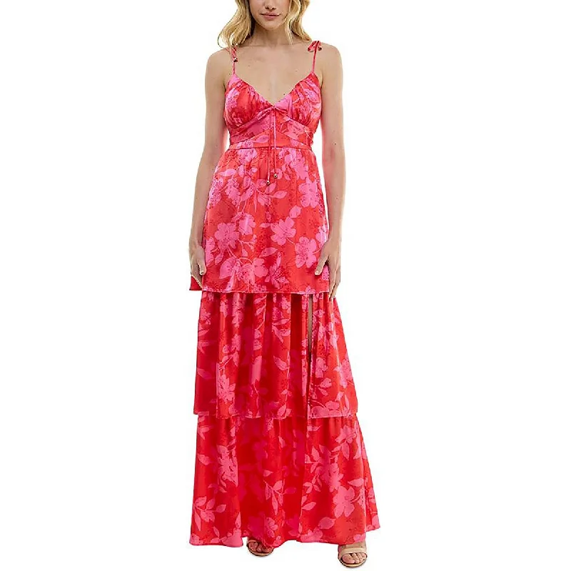 Crystal Doll Womens Juniors Floral Ruffled Maxi Dress