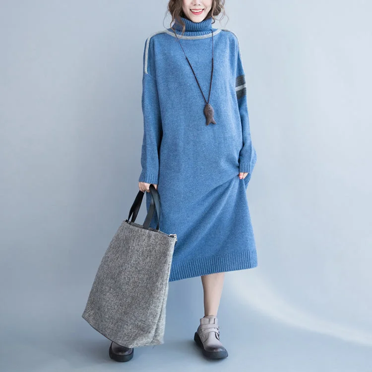 New light blue long sweaters plus size clothing patchwork winter dress high neck pullover sweater