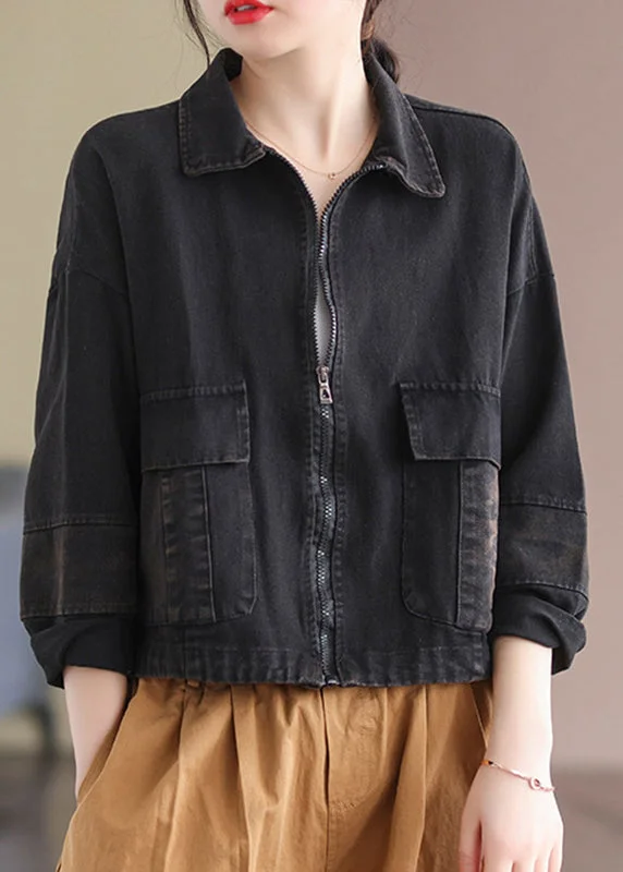 Black Peter Pan Collar Zippered Denim Coats Long Sleeve