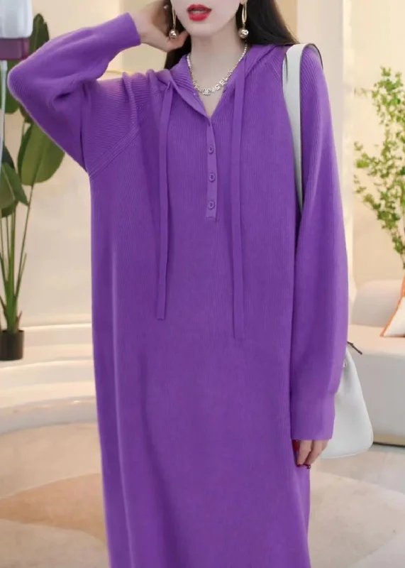 Simple Purple Hooded Button Solid Knit Sweater Dress Winter