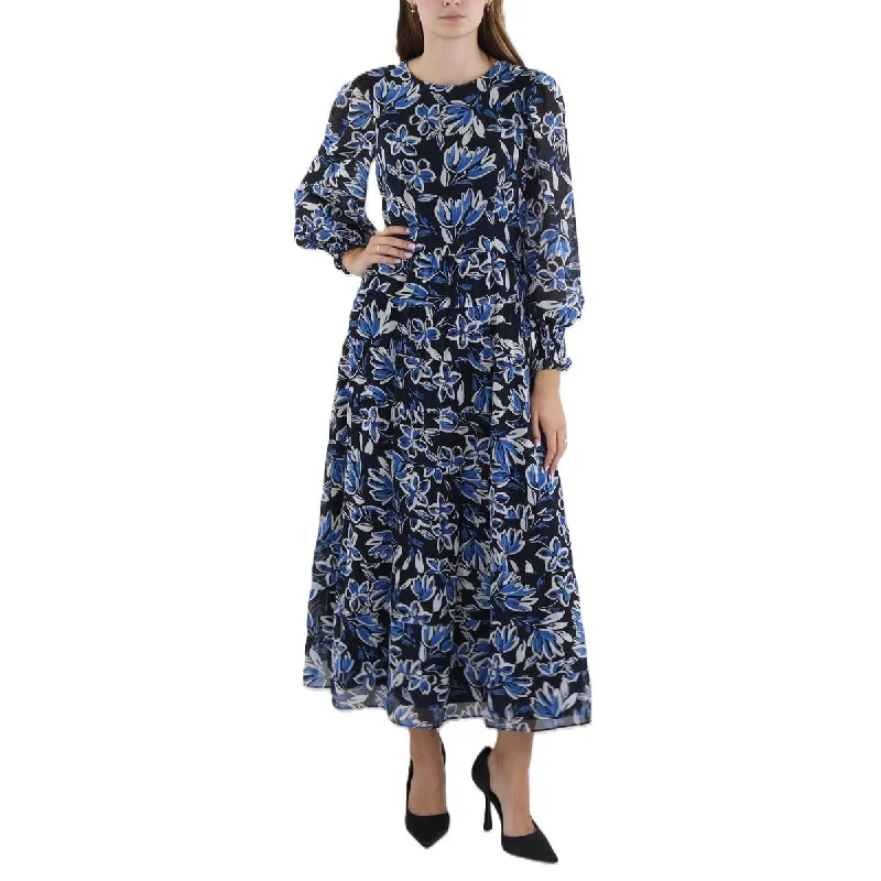 Donna Morgan Womens Floral Print Ruffled Maxi Dress