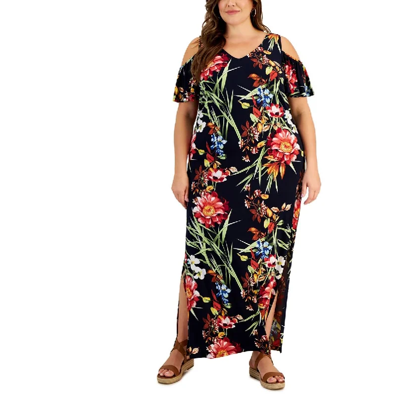 Connected Apparel Womens Plus Floral Print Polyester Maxi Dress