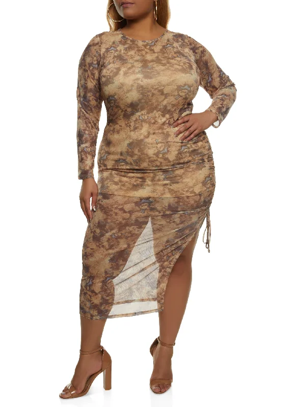 Plus Size Mesh Printed Side Slit Maxi Dress