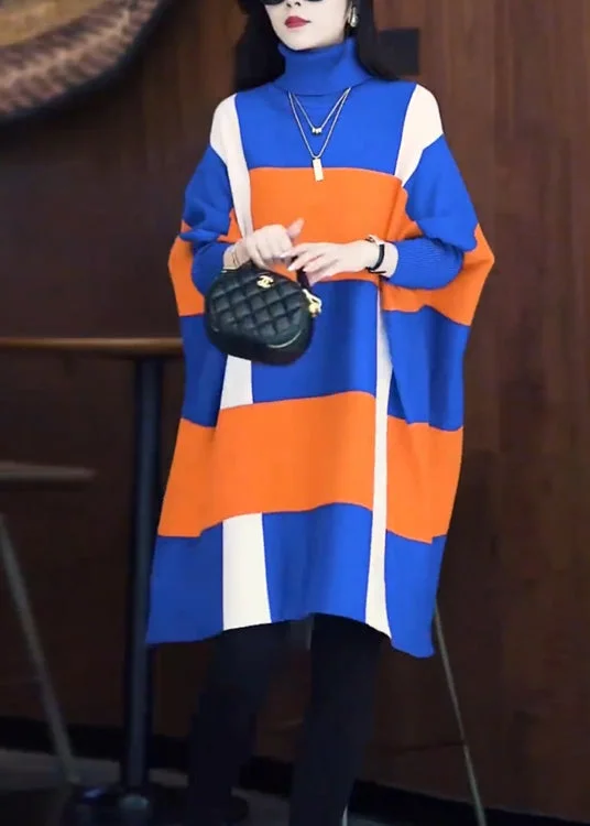 Stylish Colorblock Hign Neck Woolen Knit Dress Batwing Sleeve