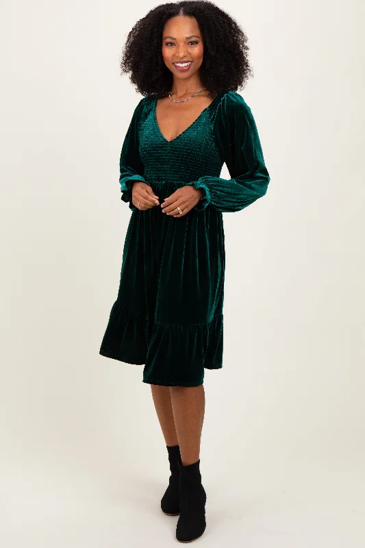 Forest Green Velvet Smocked Long Sleeve Dress