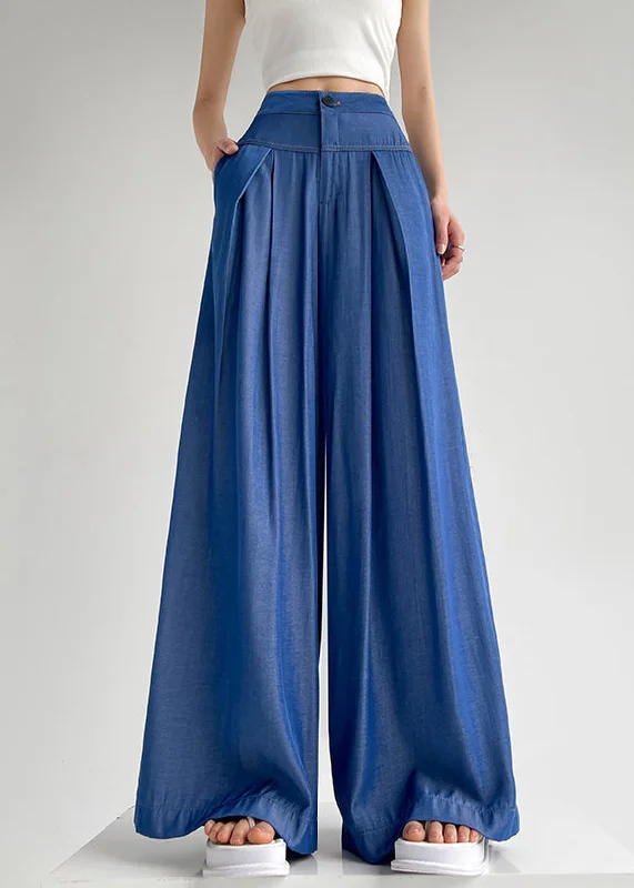 Light Blue Button Denim Wide Leg Pants High Waist