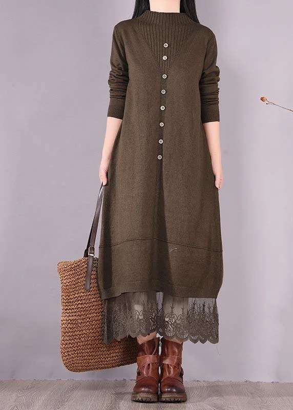 DIY O Neck Patchwork Lace Spring Tunics Linen Chocolate A Line Dress