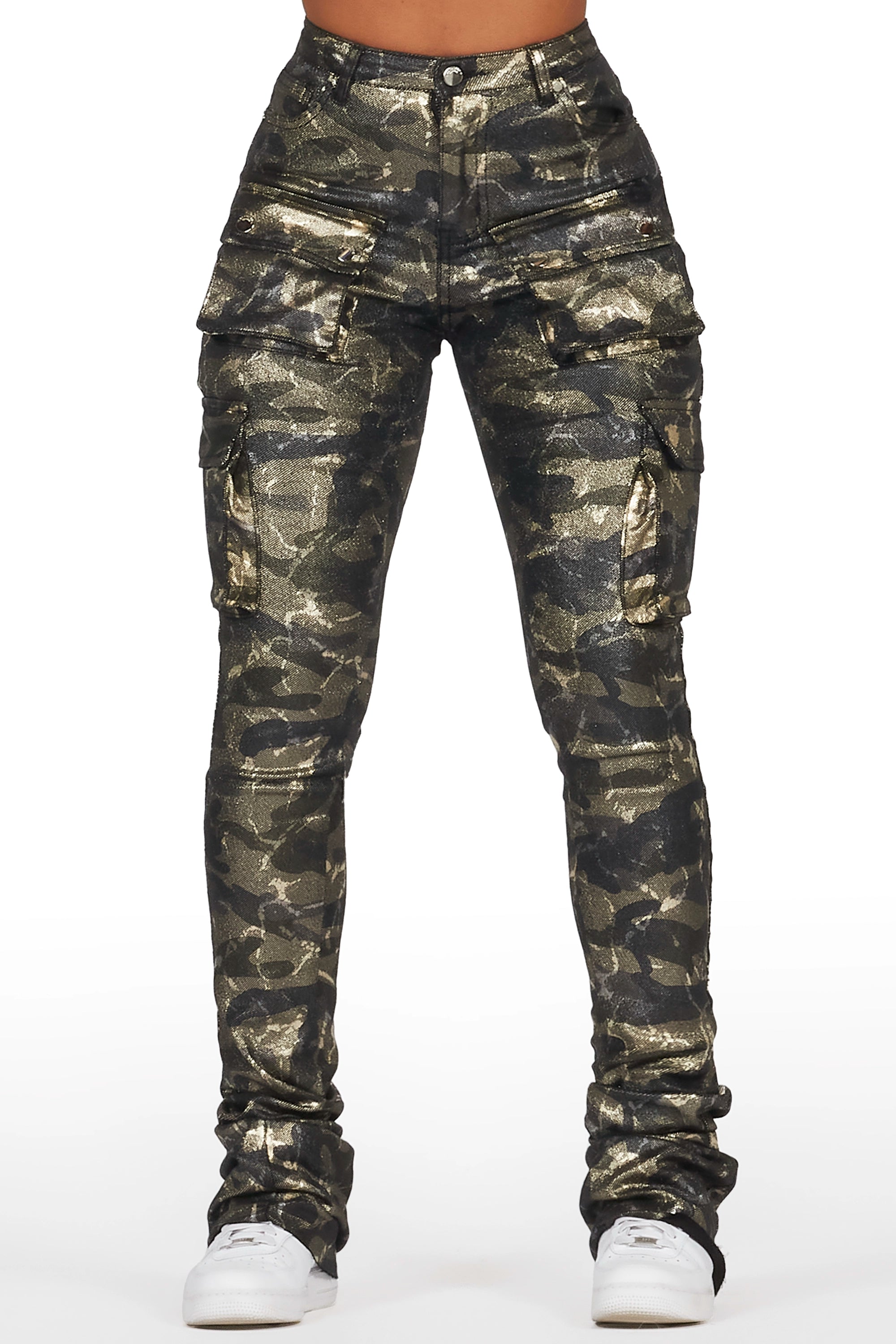 Miyah Green Camo Cargo Super Stacked PU Pant