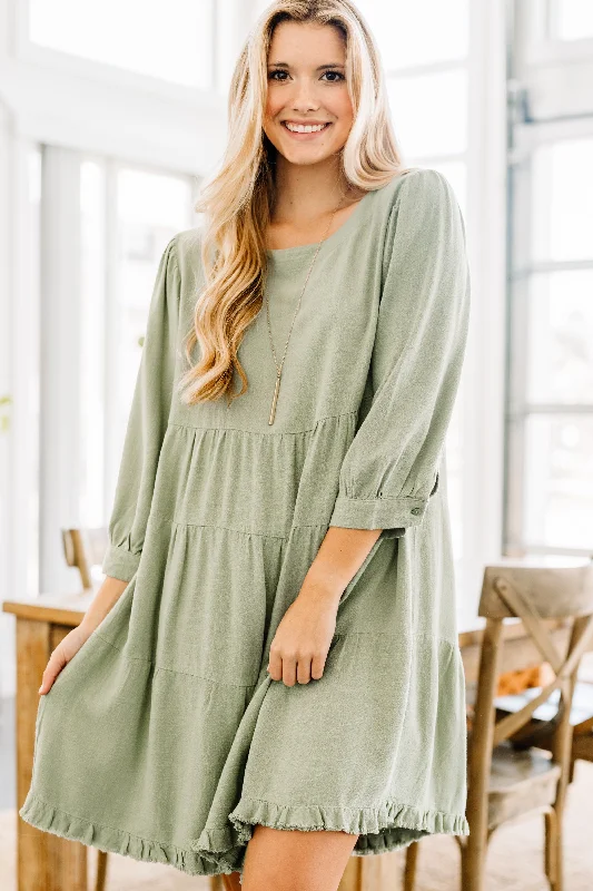 Turn To Me Sage Green Tiered Linen Dress