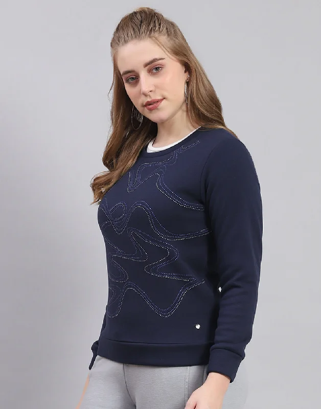 Women Navy Blue Printed Round Neck Full Sleeve Sweatshirt