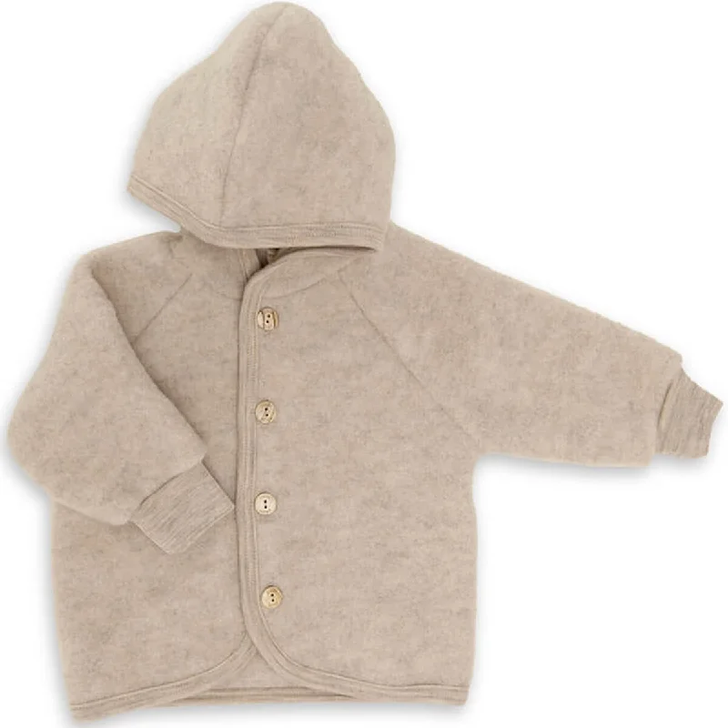 Wool Fleece Hooded Baby Jacket with Wooden Buttons in Sand Melange by Engel