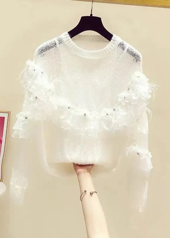 Novelty White Patchwork Nail Bead Floral Knit Sweaters Spring