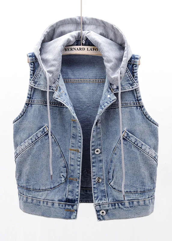 Elegant Light Blue Patchwork Pockets Hooded Denim Waistcoat Sleeveless