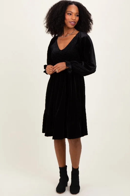 Black Velvet Smocked Long Sleeve Dress