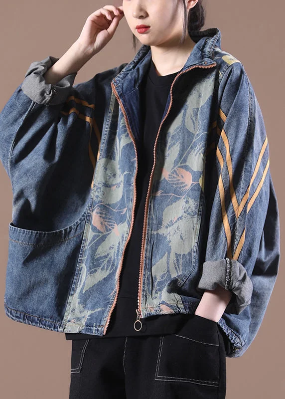 Loose Make Old Blue Stand Collar Zippered Print Denim Coats Long Sleeve