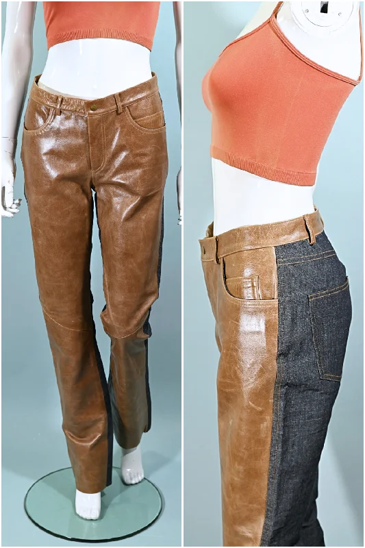 Vintage Leather/Denim Jeans, Patchwork Leather Jeans/Leather Front Denim Back