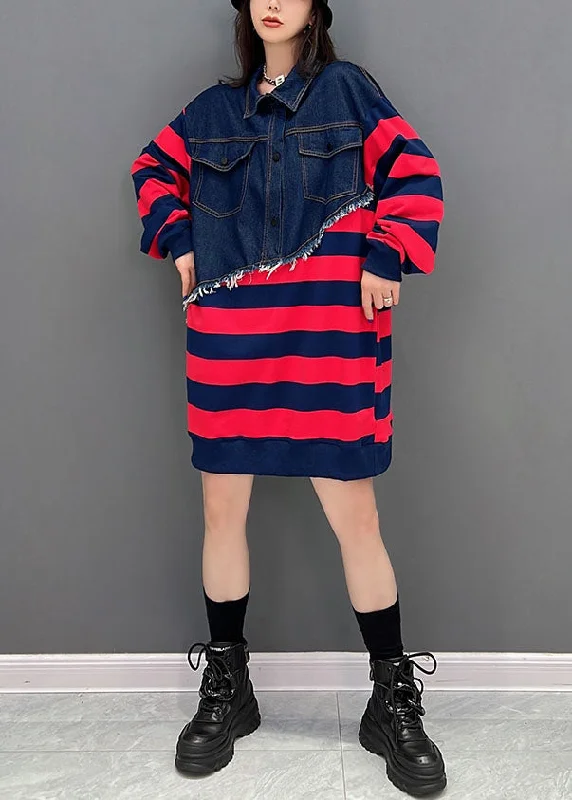 Boutique Red Striped Patchwork Denim Cotton Sweatshirts Dress Fall