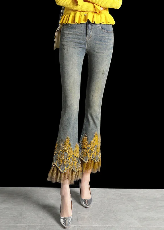 Italian Denim Blue Wraped High Waist Embroideried Pockets Patchwork Tulle Cotton Flare Pants Summer