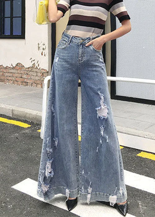 Chic Denim Blue High Waist Pockets Hole Cotton Wide Leg Pants Summer