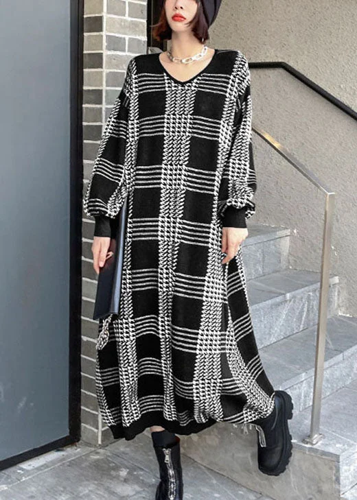 Women White Plaid Casual Fall Knitted Dress