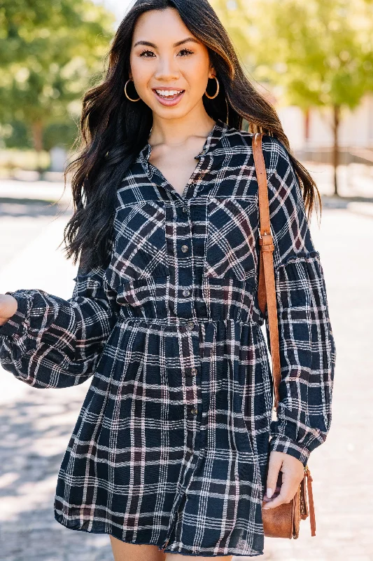 Fall Experiences Navy Blue Plaid Dress