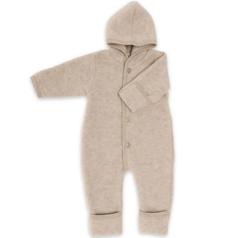 Wool Fleece Hooded Baby Overall with Buttons in Sand Melange by Engel