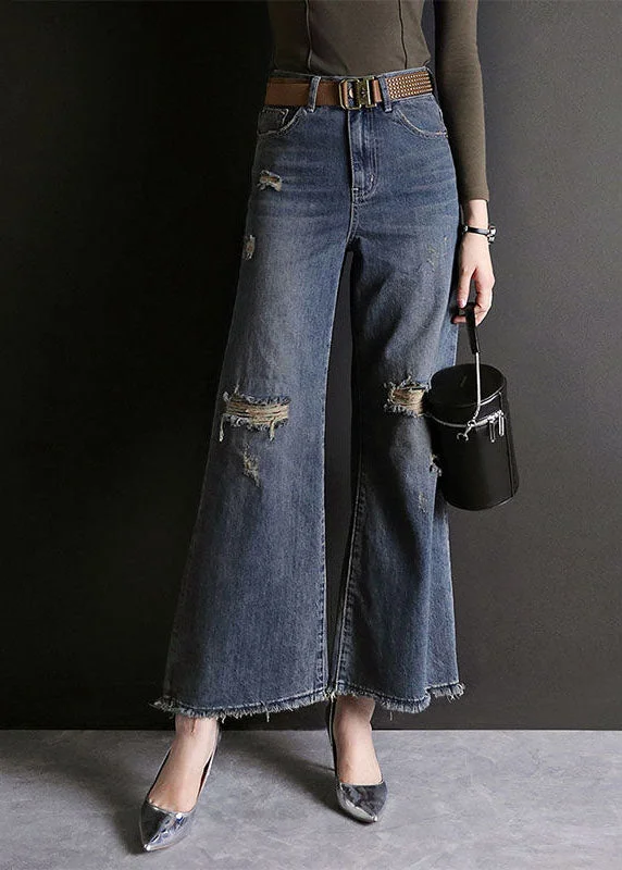 Fashion Blue High Waist Hole Pockets Cotton Denim Flare Pants Summer