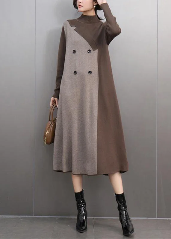 Women Khaki Turtleneck Patchwork Cotton Knit Sweaters Dress Winter