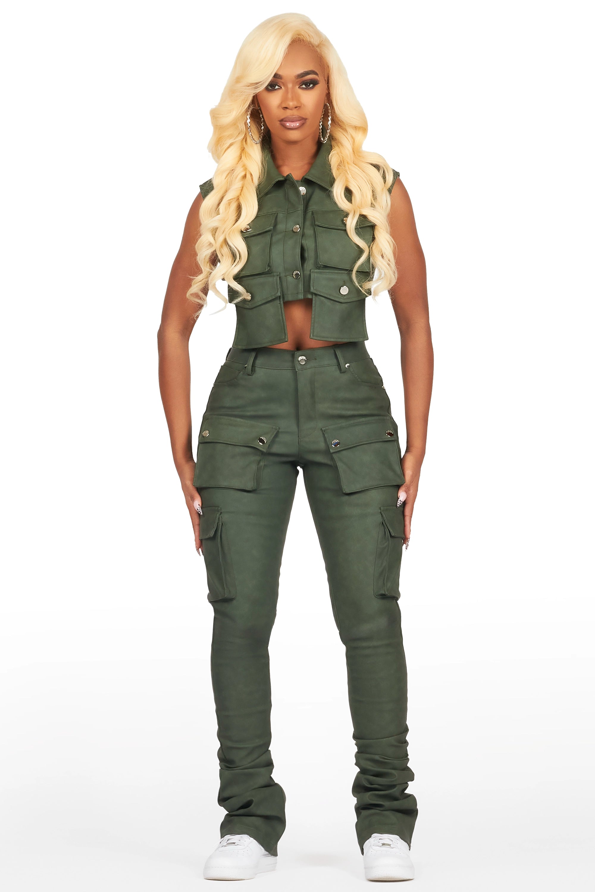 Kiedra Green Cargo Super Stacked PU Pant