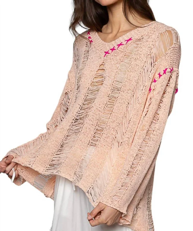 Distressed V-Neck Top Sweater In Peach