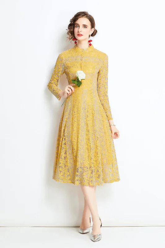 Yellow Evening Buttoned Lace A-line High Neck Long Sleeve Below Knee Dress