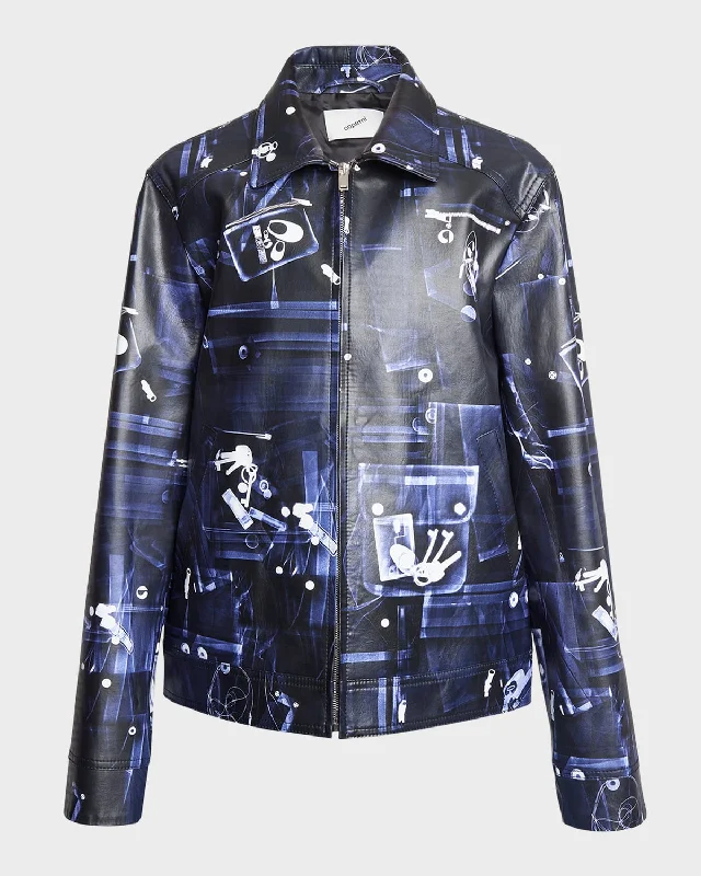 Abstract-Print Faux Leather Zip Jacket