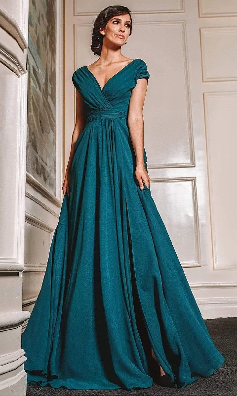 Marsoni by Colors - M251 Gathered V Neck Off Shoulder A-Line Gown